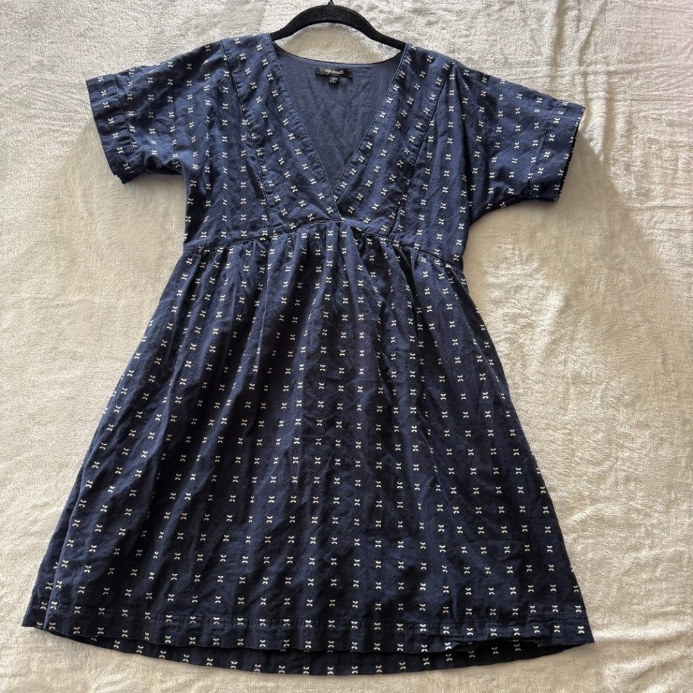 Madewell Navy Blue Bow Dot Print Empire Waist V-Neck Cotton Dress Womens XS